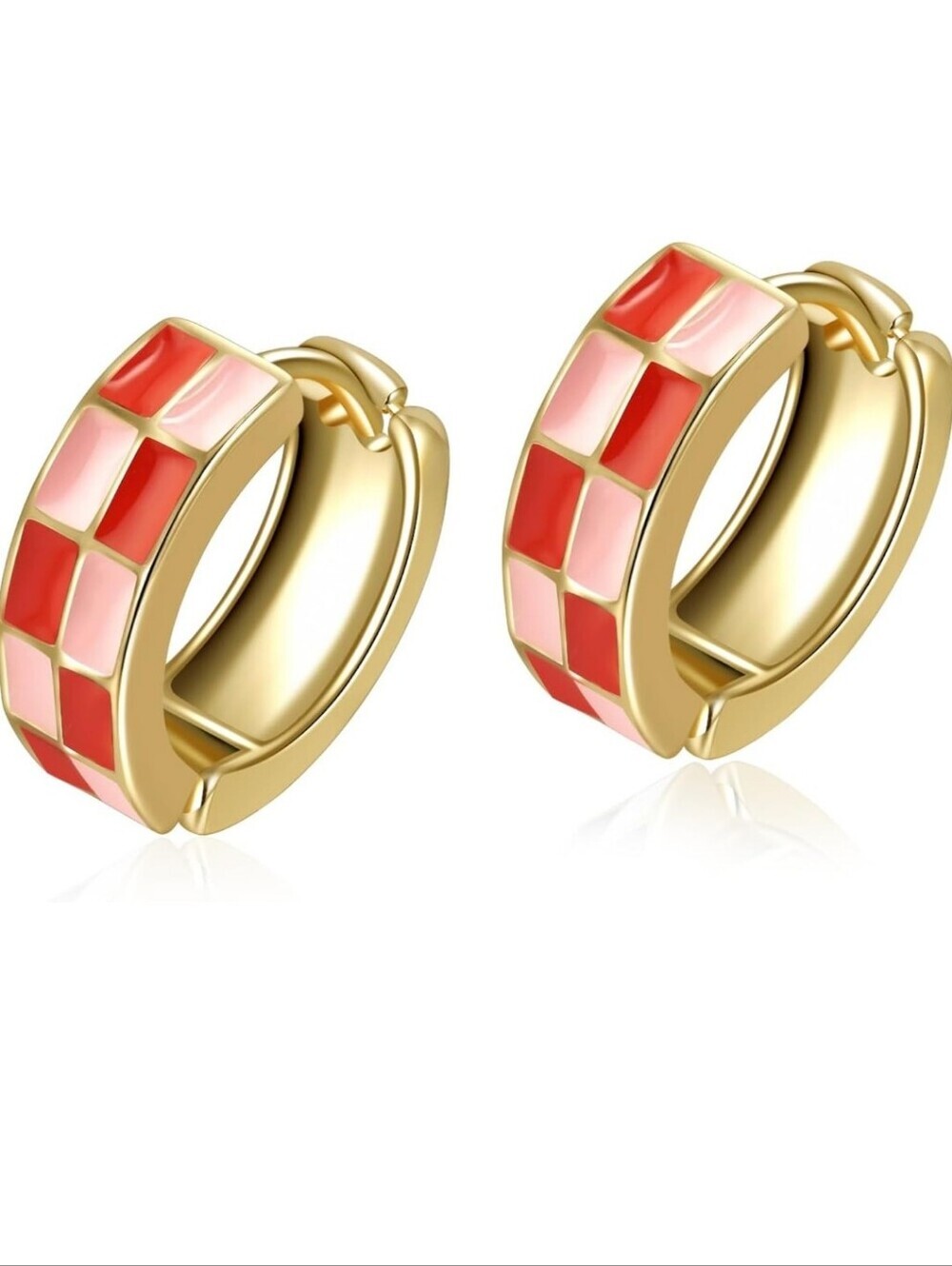 Gold Huggie Earrings with Pink and Coral Enamel Inlay